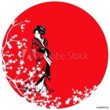 Bild på Beautiful japanese geisha among sakura blossom against red sun vector design